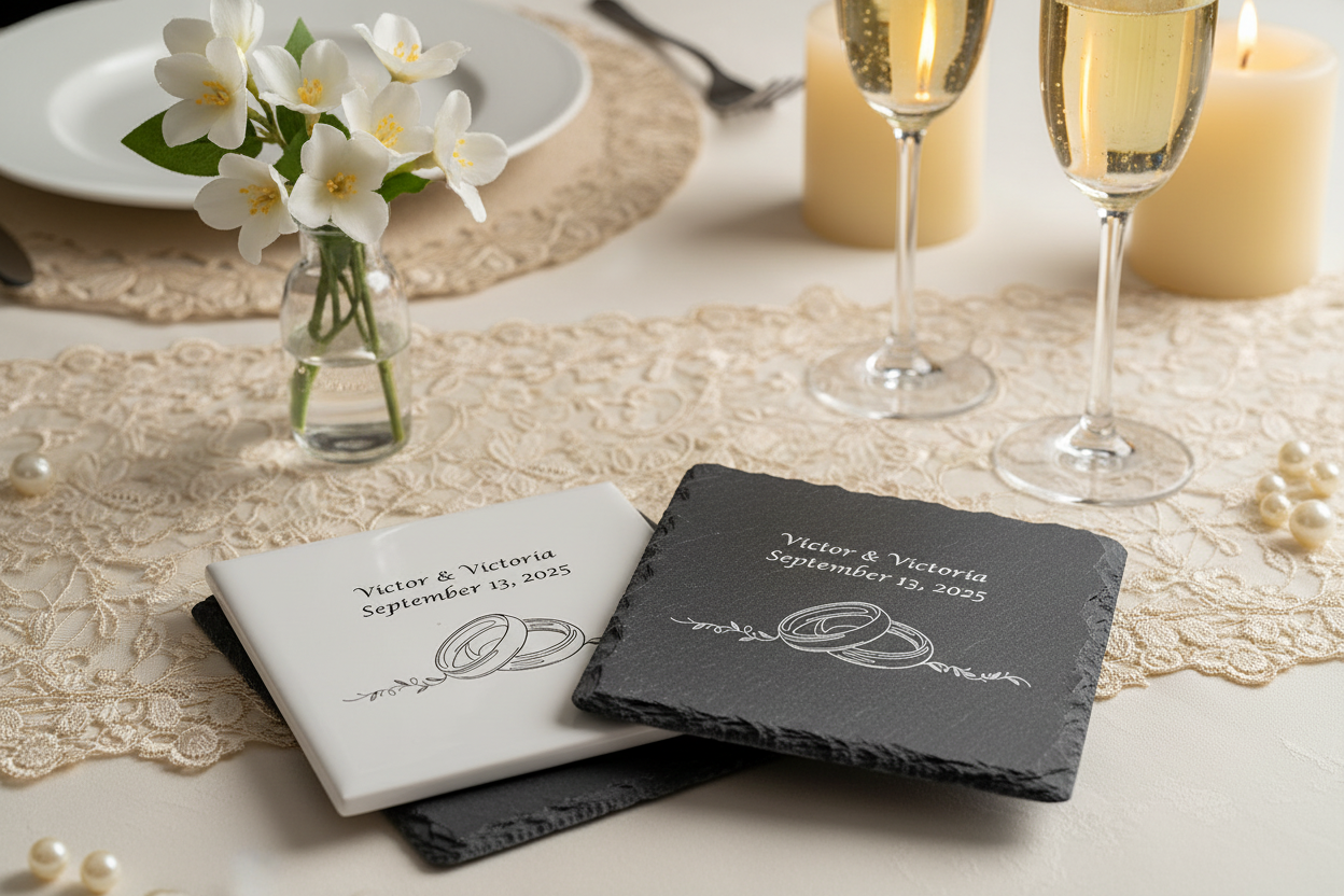 Laser Engraved Ceramic Tile and Slate Wedding Coasters in elegant setting