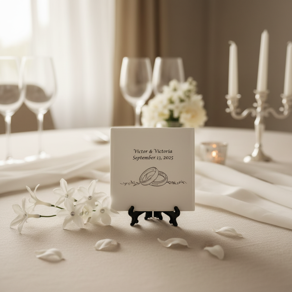 Laser Engraved Ceramic Tile Wedding Coaster in elegant setting