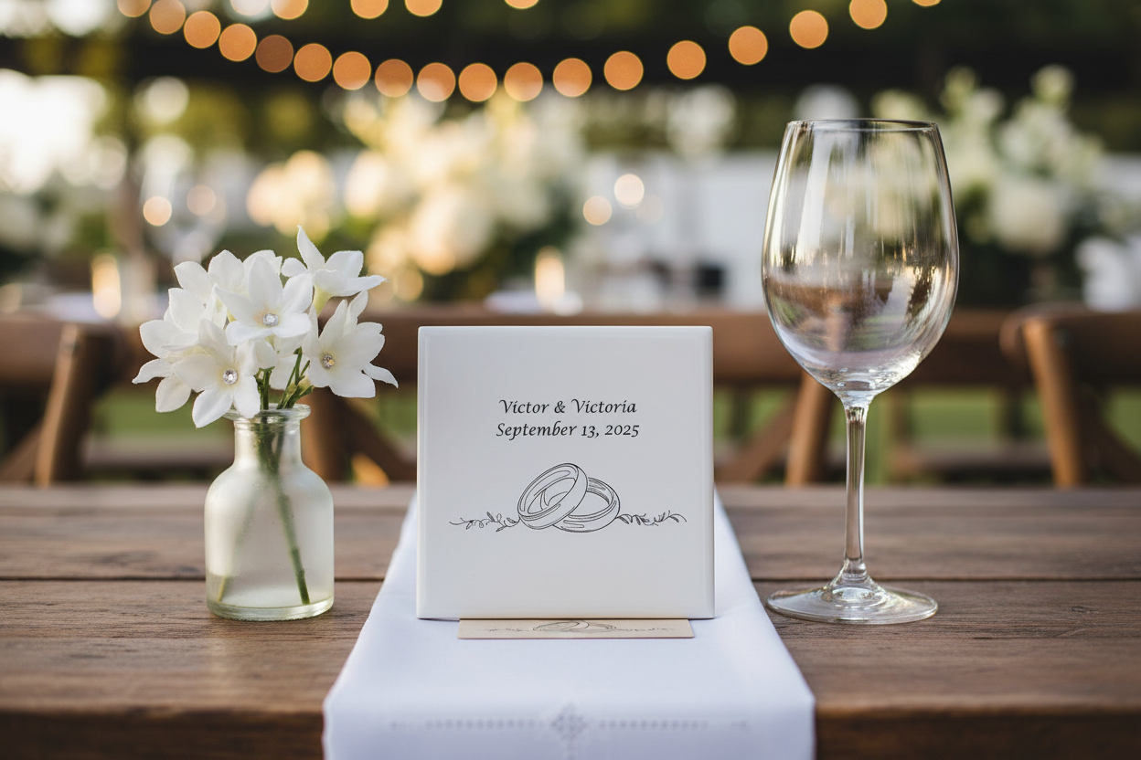 Laser Engraved Ceramic Tile Wedding Coaster in elegant setting