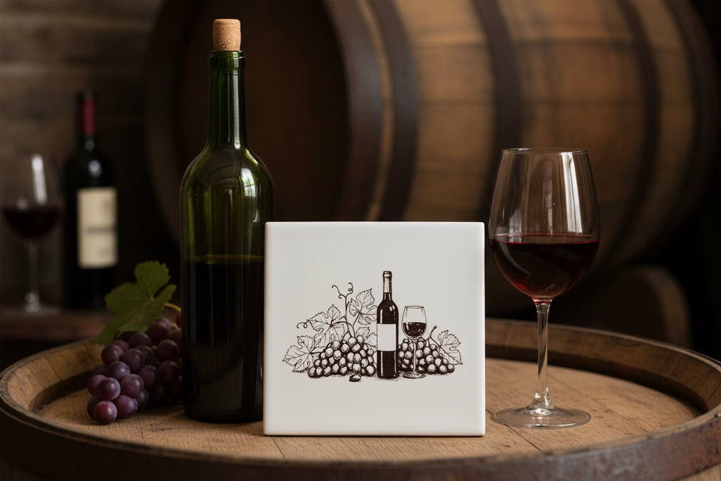 Wine and Grapes Ceramic Tile in elegant wine setting