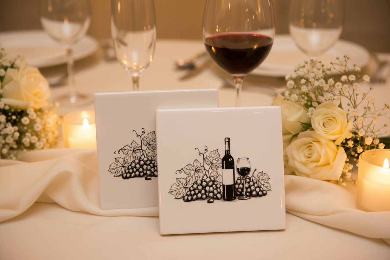 Wine and Grapes Ceramic Tiles in elegant wedding setting